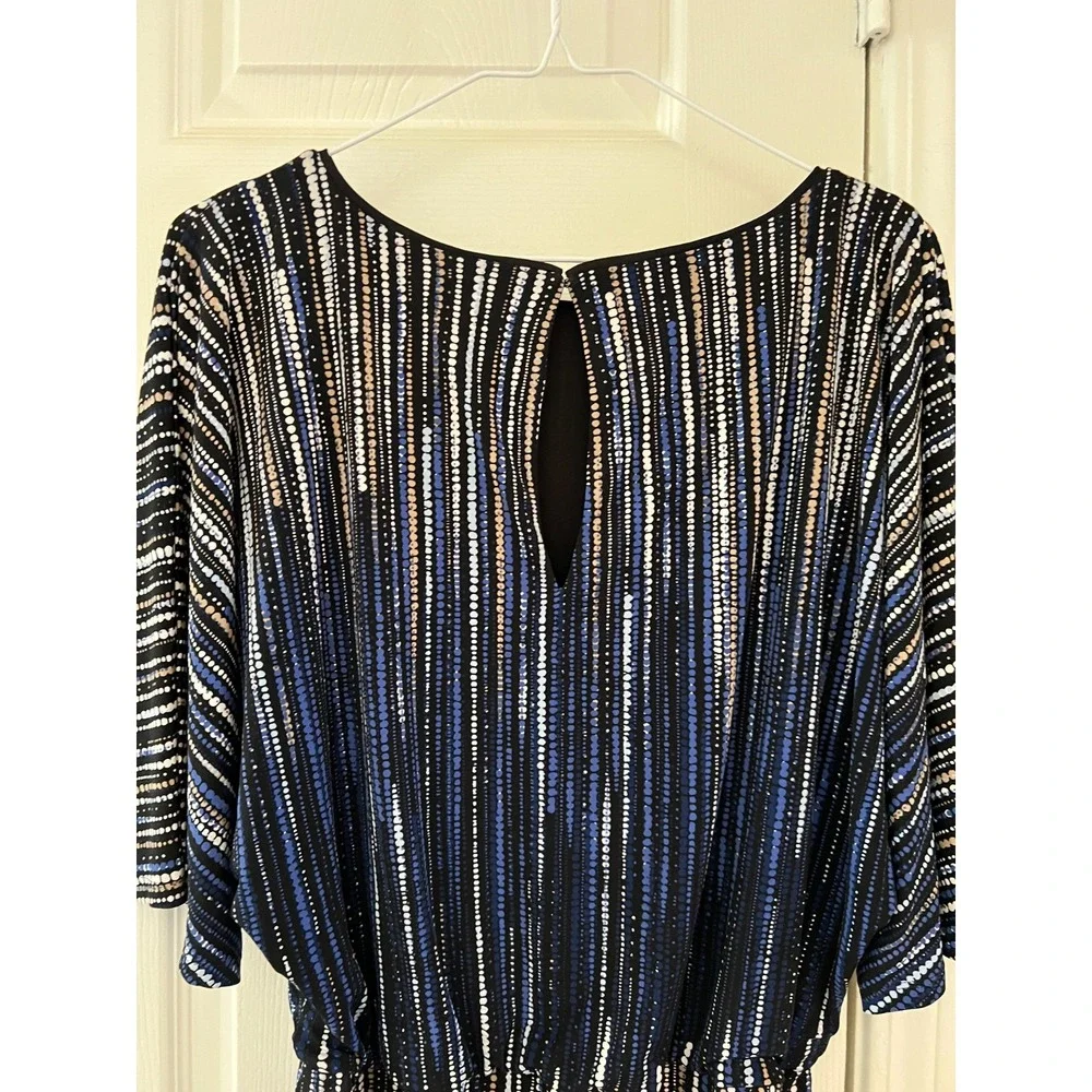 WHBM Blouson Mini Dress‎ Women's Medium Black Blue Sequin Stripe Cocktail Party